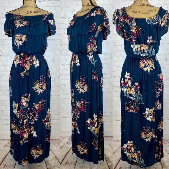 Xhilaration Crinkly Teal Floral On/Off Shoulders Maxi - Picture 1 of 2